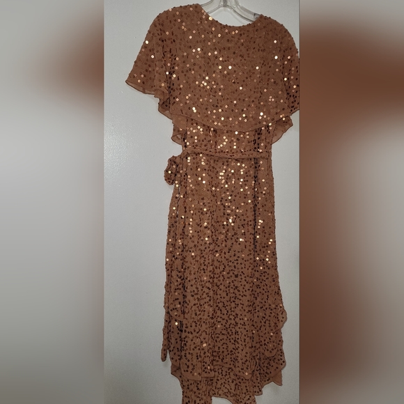 ASOS Design Copper Scatter Sequin Dress Cape Back High Low Hem Size 6 - Picture 12 of 16